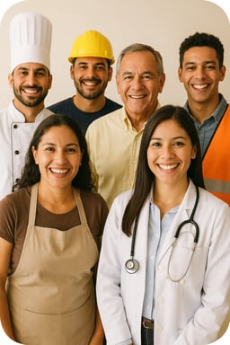 la imagen por un grupo de pesonas latinas con diferentes profesiones sonriendo en cuadro con puntas redondas-1