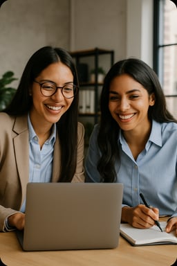 mujeres jovenes latinas profesionales sonrientes en forma de cuadro con puntas redondas que se muestren trabajando colocar una letra que se vea mas oscura