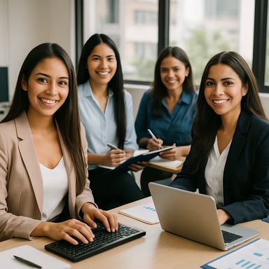 mujeres jovenes latinas profesionales sonrientes en forma de cuadro con puntas redondas que se muestren trabajando